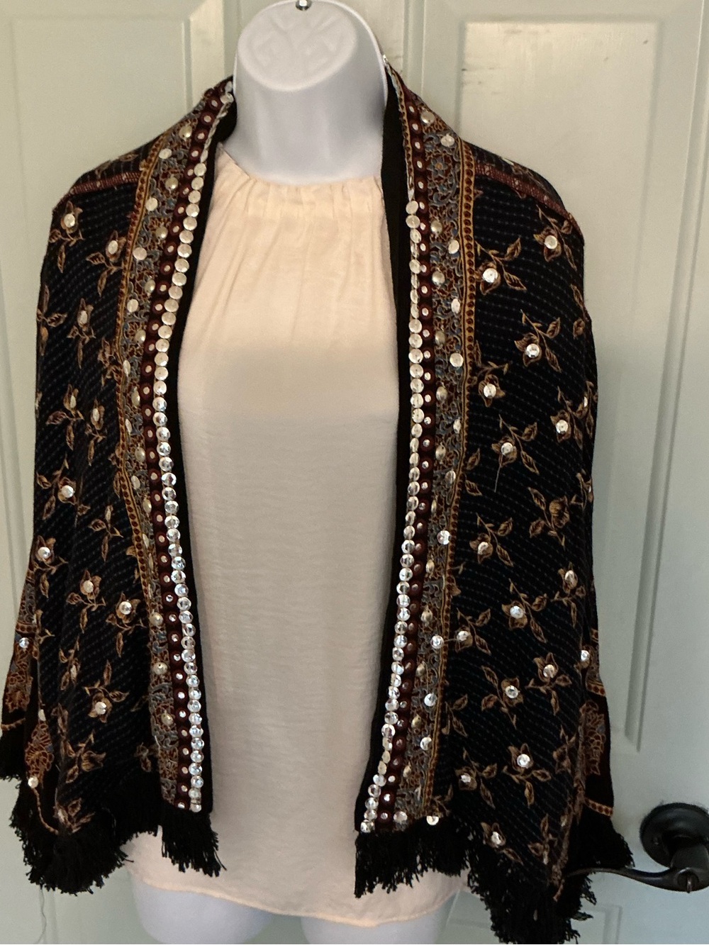 House of Harlow 1960 Black Embellished Open-Front Shawl with Gold Accents